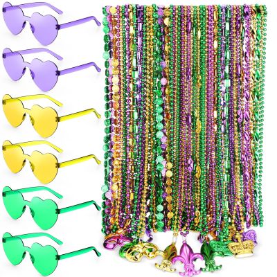 Civaner 72 Pcs Mardi Gras Beaded Necklaces and 6 Pcs Heart Sunglasses Bulk Mardi Gras Costume Accessories Gold Purple Green Carnival Parade Decorations for Women Men Valentines Party Favors
