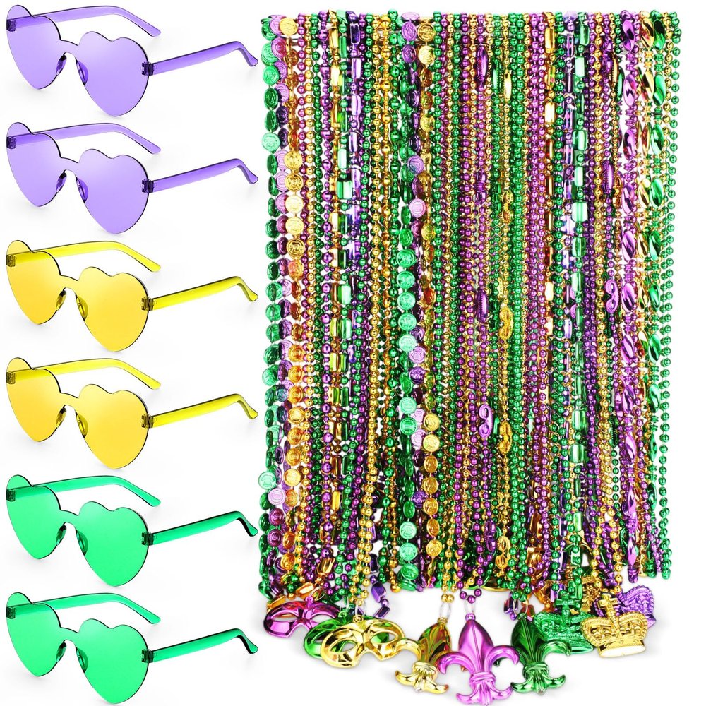 Civaner 72 Pcs Mardi Gras Beaded Necklaces and 6 Pcs Heart Sunglasses Bulk Mardi Gras Costume Accessories Gold Purple Green Carnival Parade Decorations for Women Men Valentines Party Favors