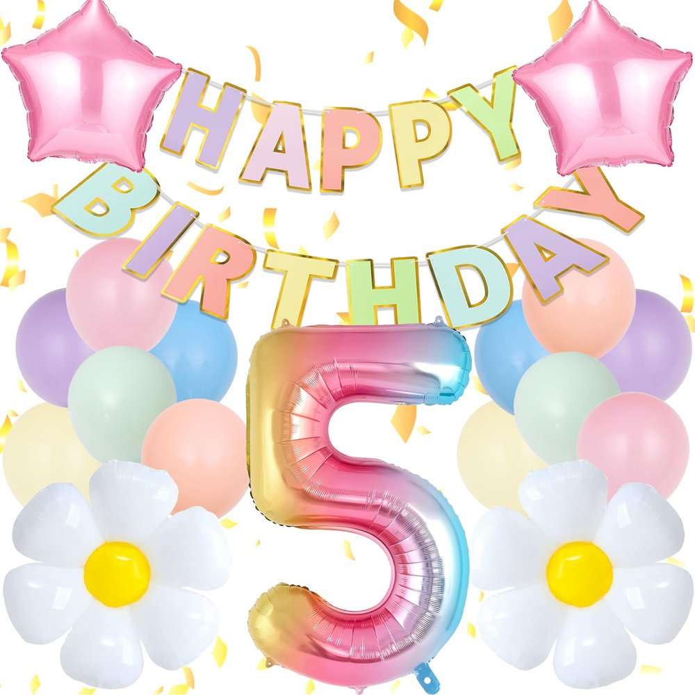 Happy 5th Birthday Decorations Girl, Pastel Happy Birthday Banner, Rainbow Gradient 5 Balloon Number 40 Inch, Number 5 Balloon For Pastel Birthday Decorations