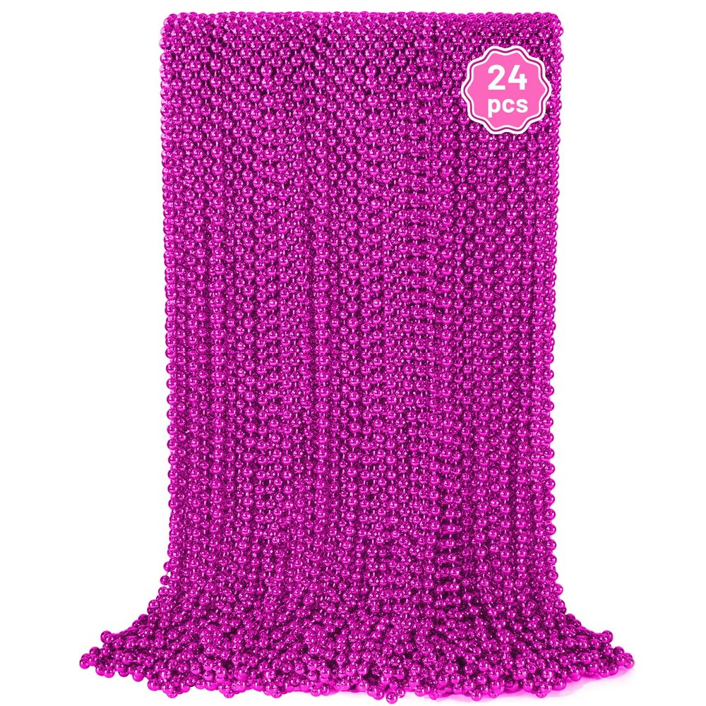 YAXINRUI 24 PCS Hot Pink Bead Necklaces, Pink Mardi Gras Beads, Cancer Awareness Beads Necklaces, Valentine Necklace, 33 Inch Round Party for Mardi Gras Christmas Cancer Awareness Month Events