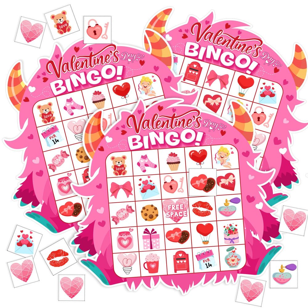 Blosssound Valentine's Day Bingo Game for Kids - Monster Theme Valentines Bingo Cards for 24 Players School Classroom Activities Fun Valentine Party Favors Games for Children Teacher Supplies