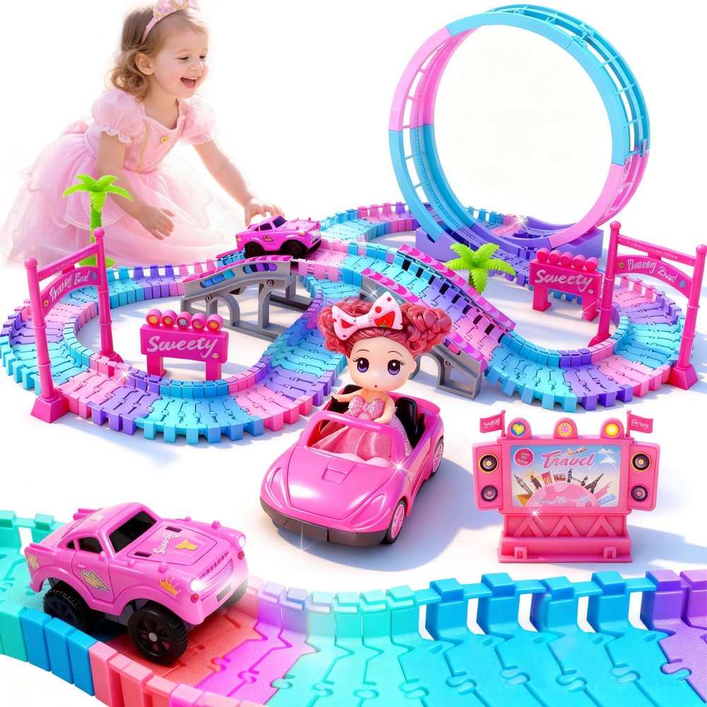 SCKTYZS Tracks Car Toys for 3 4 5 6 Year Old Girls Kids,177 PCS 360Rotating Track Flexible Car for Girls 3-5 Toddler Flex Track Race Cars Toys Birthday Gifts