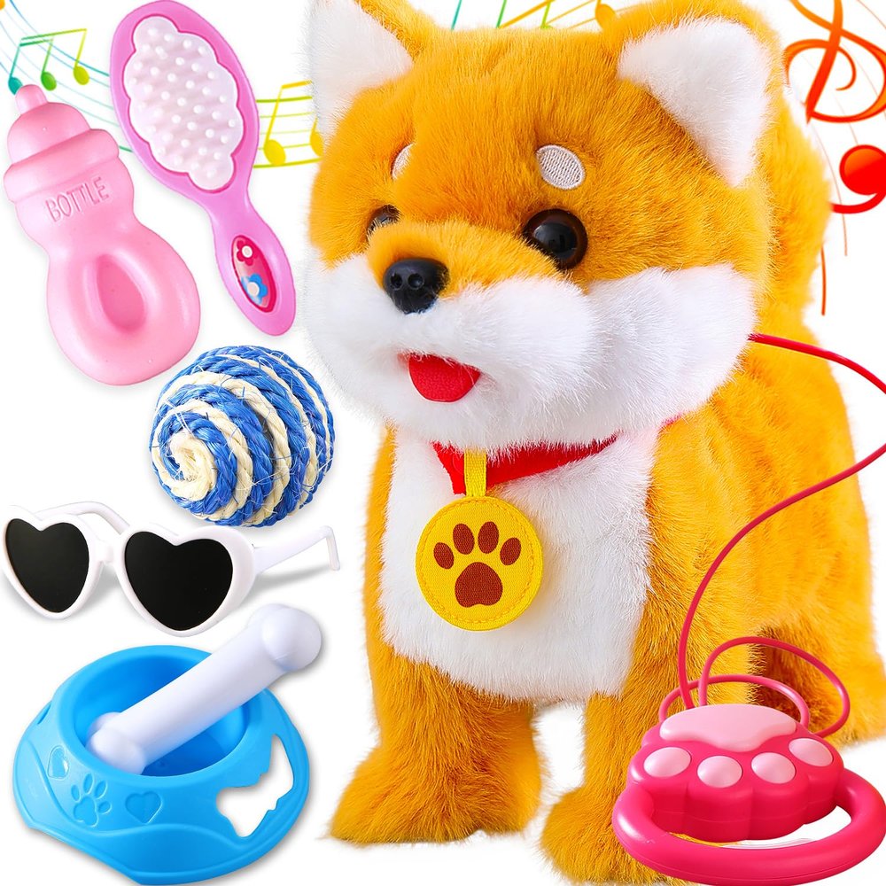 HCdoujoy Walking Barking Singing Corgi Puppy Toy, Repeats What You Say, Realistic Licking Tongue Wagging Tail Mechanical Dog with Touch or Voice Control, Interactive Music Dancing Plush Pet for Kids