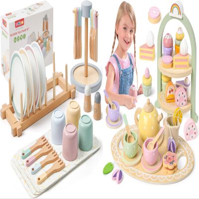 Wooden Play Kitchen Accessories Toys for Toddlers 3-5, Kids Play Kitchen with Realistic Plates & Dishes & Tableware, Wooden Tea Party Set for Toddlers 3-5, Montessori Pretend Christmas Birthday Gifts