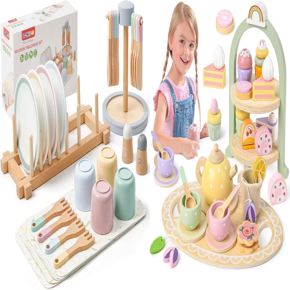 Wooden Play Kitchen Accessories Toys for Toddlers 3-5, Kids Play Kitchen with Realistic Plates & Dishes & Tableware, Wooden Tea Party Set for Toddlers 3-5, Montessori Pretend Christmas Birthday Gifts
