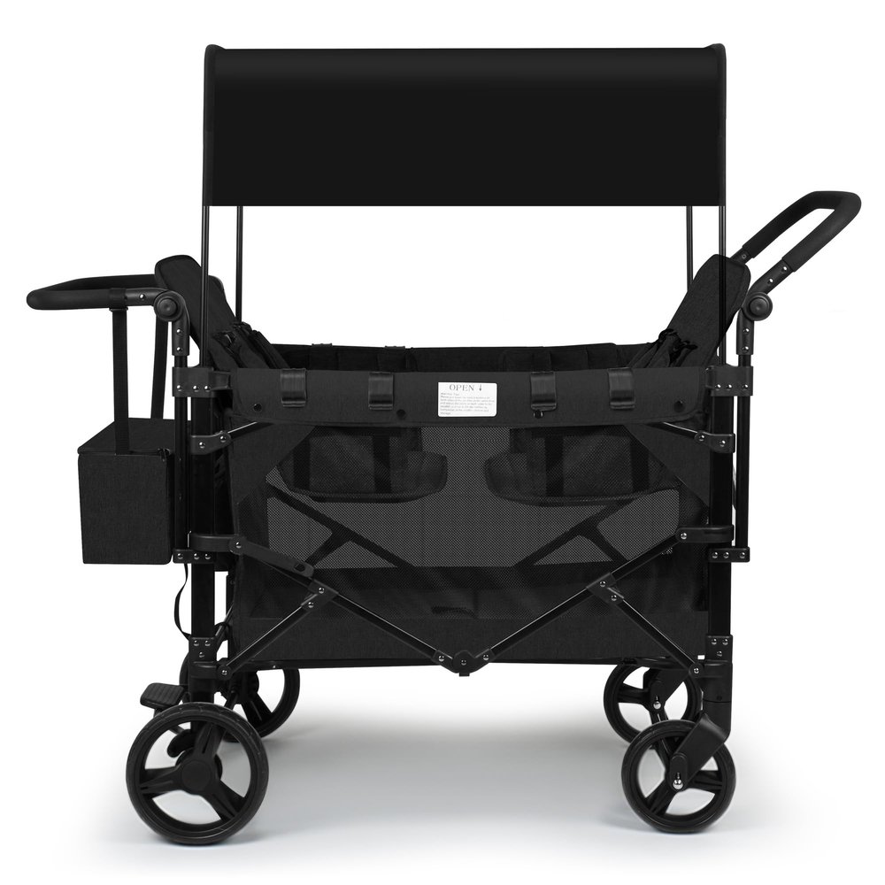 VOOI Stroller Wagon 4 Seater, Wagon for Kids, Collapsible W4 Stroller with Seats with 5-Point Harnesses, Easy Access Zipper Door, and Removable Sun Canopy (Black, W4-Large)