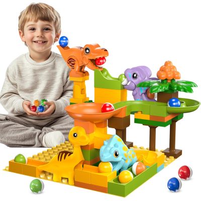 Fygurso Marble Runs for Kids 4-8, Dinosaur Toys, Interactive Learning STEM Building Toys with 4 Race Track, Compatible with All Major Brands for Kids Ages 3 4 5 6 7 8+ Boys Girls Gifts (Yellow)