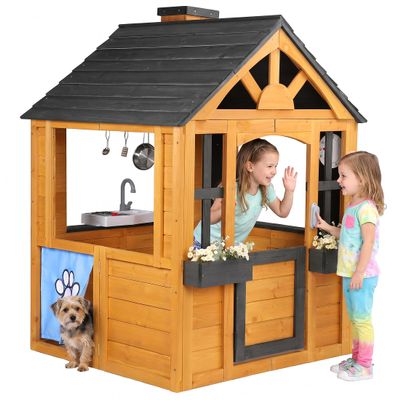 Jocoevol Kids Outdoor Playhouse, Cedar Wooden Kids Playhouse with Play Kitchen, Pet Door, Sink, Stove, Cookware, Windows, Flowerpot Holders, Ringing doorbell, Cottage Play House for Backyard