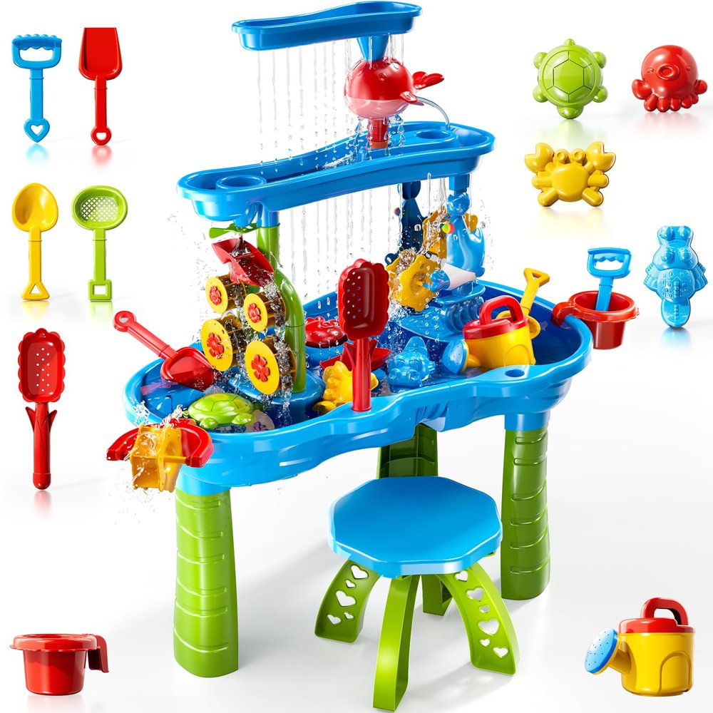 Beby Buty 3-Tier Kids Water Table for Toddlers Kids Ages 3-5 4-8, Summer Outdoor Water Table Beach Kids Toys, Toddler Sensory Activity Sand Box Play Set with Rain Showers Splash Pond for Boys Girls