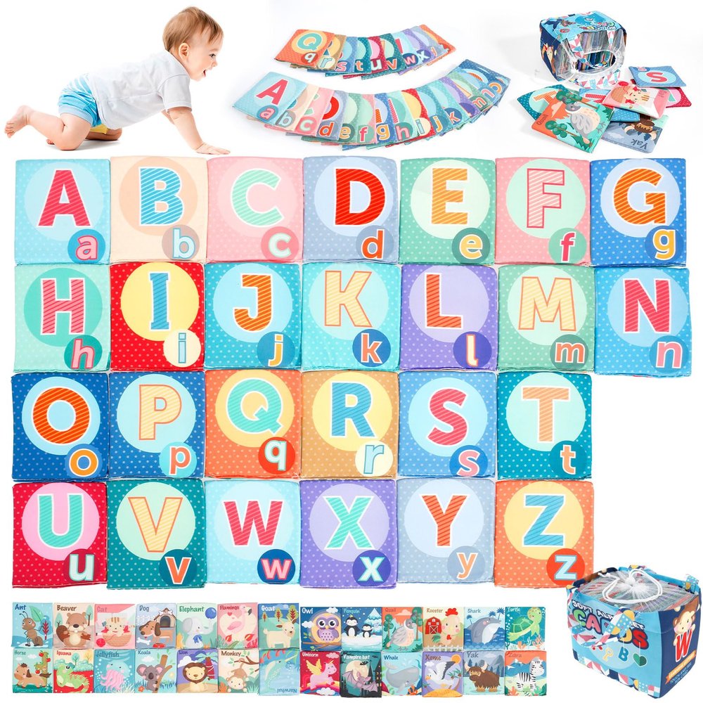 26Pcs Soft Alphabet Cards Educational Baby Cloth Alphabet Flash Cards with Storage Bag Interactive ABC Flash Cards Washable Soft Letter Cards for Baby Infant Toddlers Kids