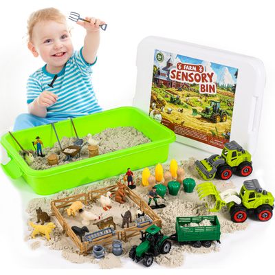 51 PCS Farm Sensory Bin Kids Sandbox with Lid, 2.2 LB Sensory Sand, 40 Toddler Farm, 3 Take Apart Construction Trucks -Sensory for Kids 5-7, 3-4 & Up- Kids Gifts for Boys and Girls