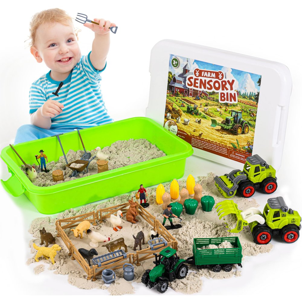 51 PCS Farm Sensory Bin Kids Sandbox with Lid, 2.2 LB Sensory Sand, 40 Toddler Farm, 3 Take Apart Construction Trucks -Sensory for Kids 5-7, 3-4 & Up- Kids Gifts for Boys and Girls