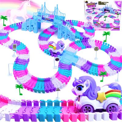 Tracks Car Toys Set for 2 3 4 5 6 7 Year Girl Toddler, 248 PCS Pink Magic Bendable Race Track Toy with 1Unicorn Car Toy and 1 Pink Train, Birthday Gift Idea for Kid