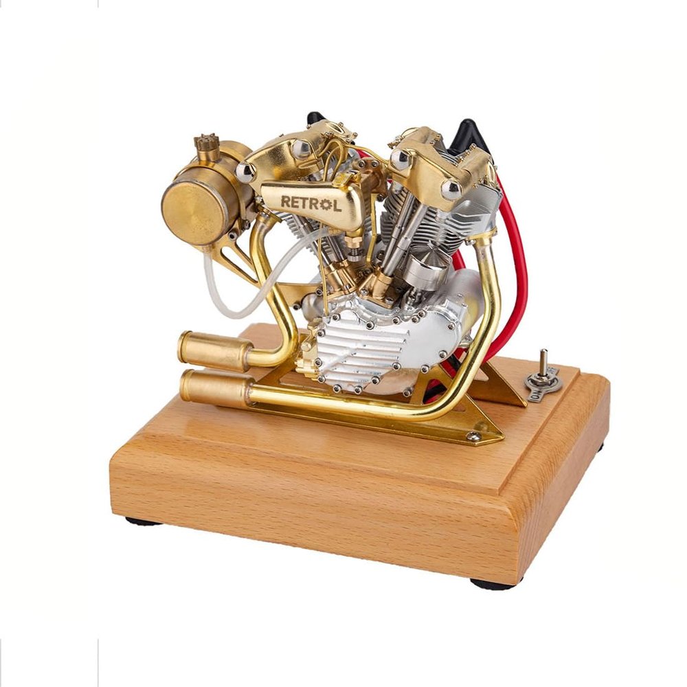 DERELOAS Mini Engine Model That Runs- 4.2CC Metal Gasoline Engine Model 4 Stroke Motorcycle Engine Toy, V-Twin 2 Cylinder Engine Model for Adults, Cool Science Gadgets Gift (Silver/RTR)