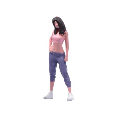 1/64 Scale Street Standing Cool Girl Figure, Cool Girl Model with Cropped Top, Detailed Full-Body Figure in Pink and Purple, Wearing White Sneakers, Black Straight Hair, Measuring 26.8mm/1.05inch