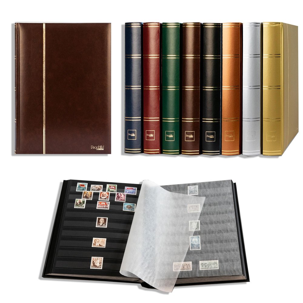 Prophila Collection 64 Black Pages Stamp Album Insert Book Stamp Organizer Padded Brown Cover