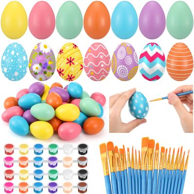 Shihanee 48 Pcs Easter Wooden Eggs Decorations Kit 2.36" Paintable Fake Eggs with Acrylic Paint Set for DIY Easter Crafts Gifts Basket Stuffers Party Favor