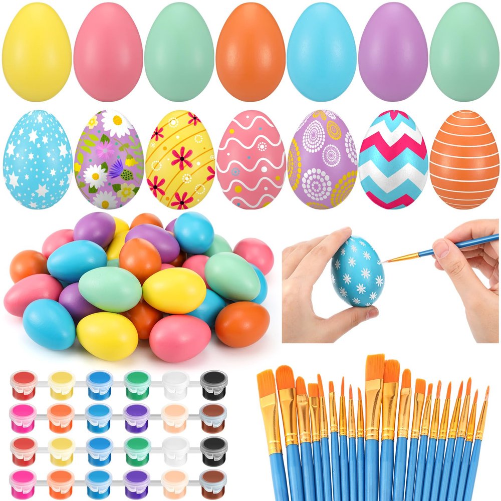 Shihanee 48 Pcs Easter Wooden Eggs Decorations Kit 2.36" Paintable Fake Eggs with Acrylic Paint Set for DIY Easter Crafts Gifts Basket Stuffers Party Favor