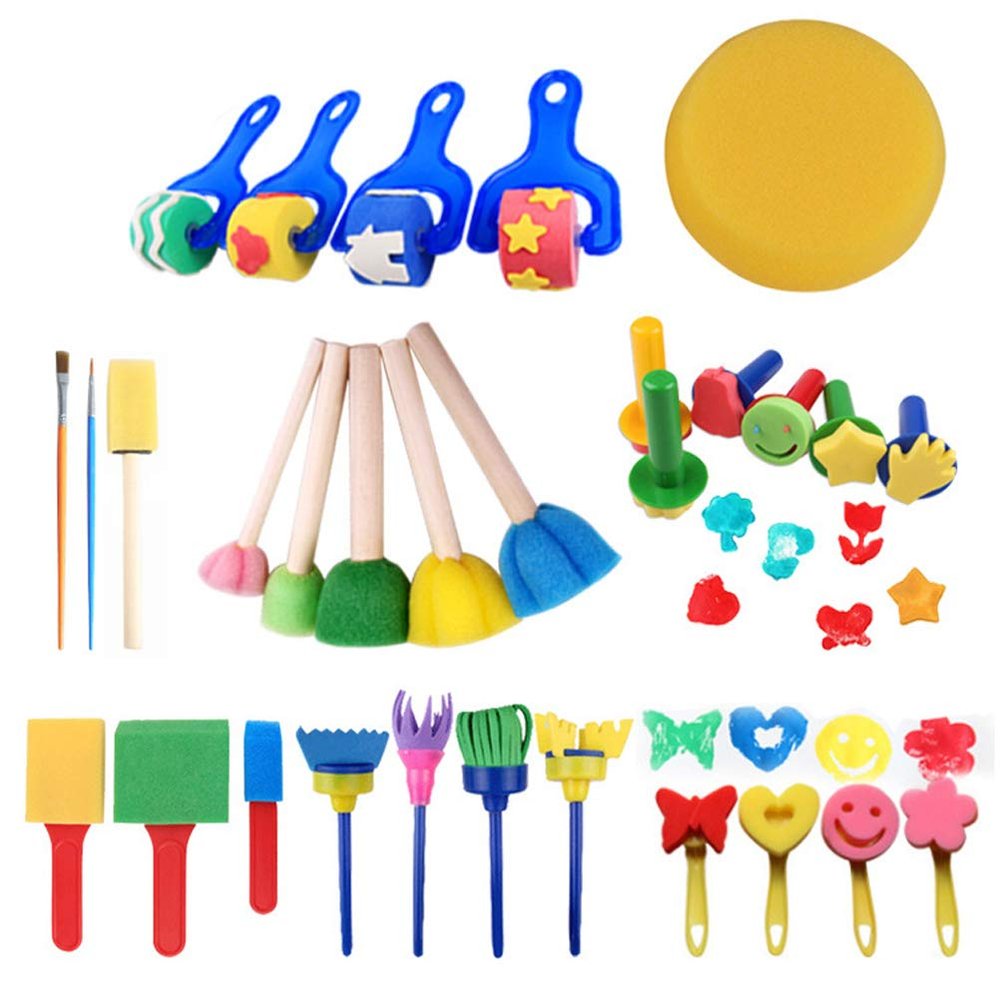 30 Piece Kids Painting Brush Set Fun Early Education Sponge Painting Brush Set for Toddlers Arts and Crafts Safe for Children Colorful Art Supplies (As Shown)