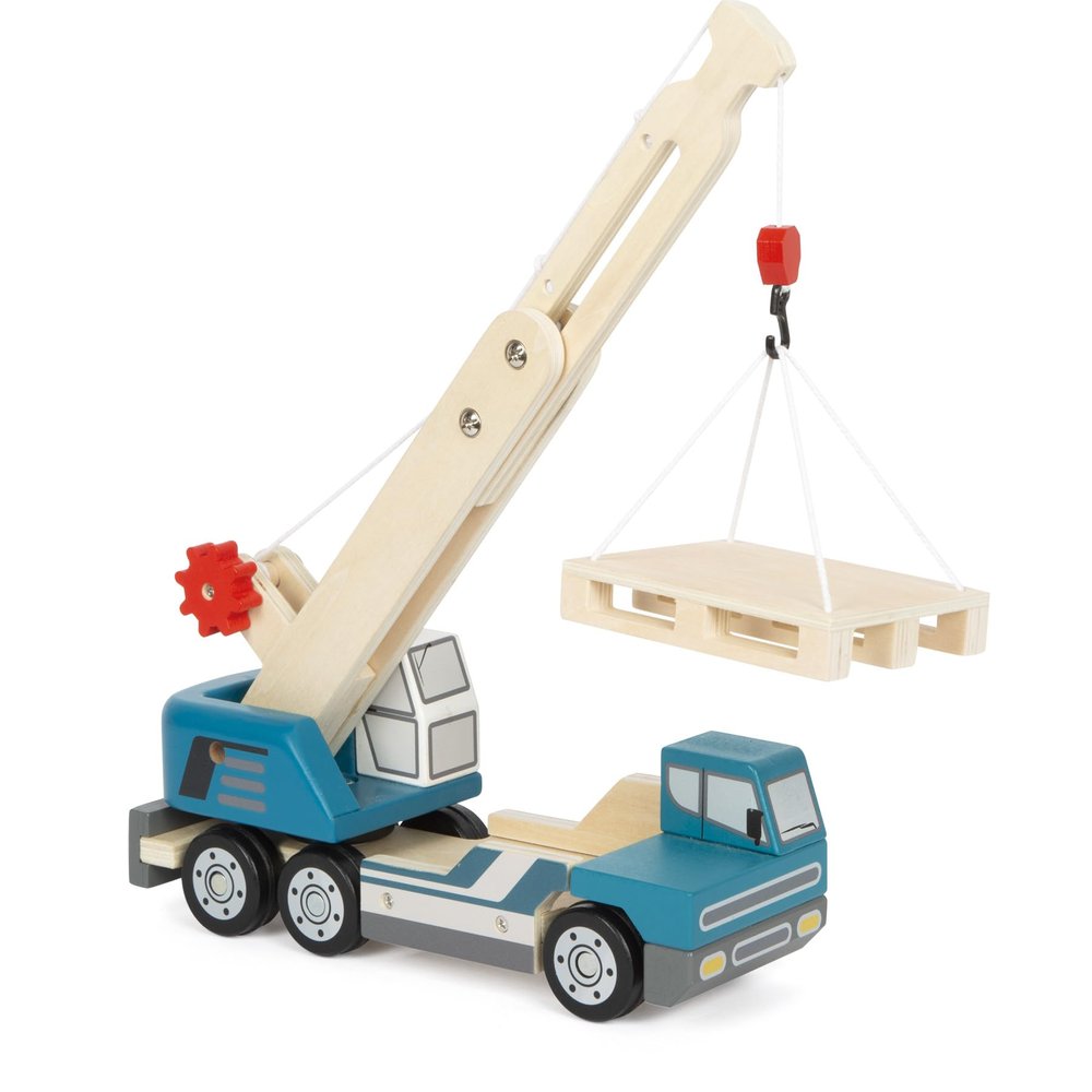Small Foot 12639 Wooden Pallet Truck with 360 Rotating Crane and Accessories, from 2 Years, 12639 Coloured