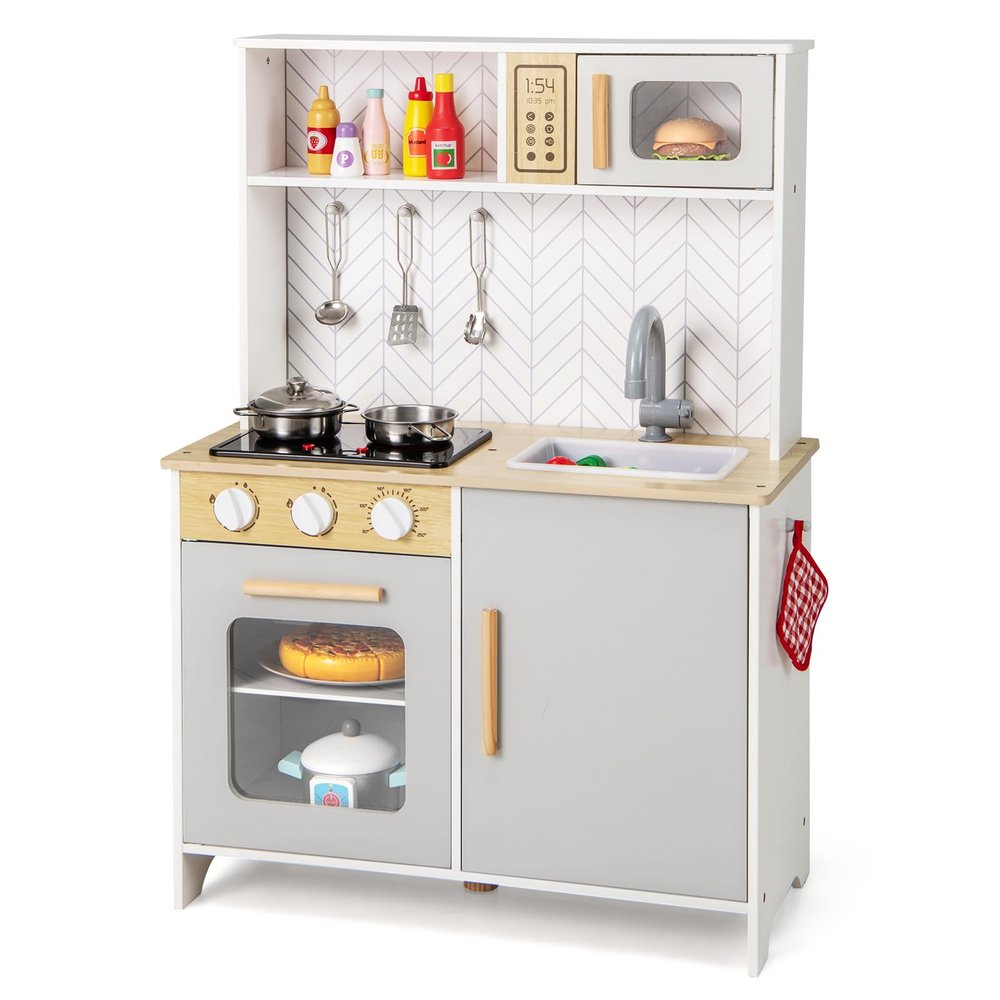Costzon Kids Kitchen Playset, Wooden Pretend Play Kitchen with Lights and Sounds, Stoves, Sink, Faucet, Microwave, Oven & Cooking Accessories, Toy Kitchen Set for Toddlers, Gift for Boys Girls Ages 3+