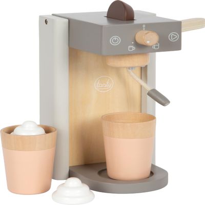 Small Foot Tasty Coffee Makers Set, Wood, Grey, with Milk Foam Coins and Hoods, Kitchen Accessories for Children from 3 Years, 12680