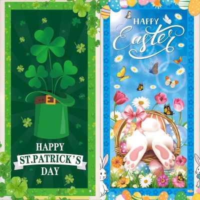 2Pcs St. Patrick's Day and Happy Easter Door Covers Green Shamrock Porch Sign Door Banner Bunny Easter Egg Banner for Spring Holiday Party Decorations