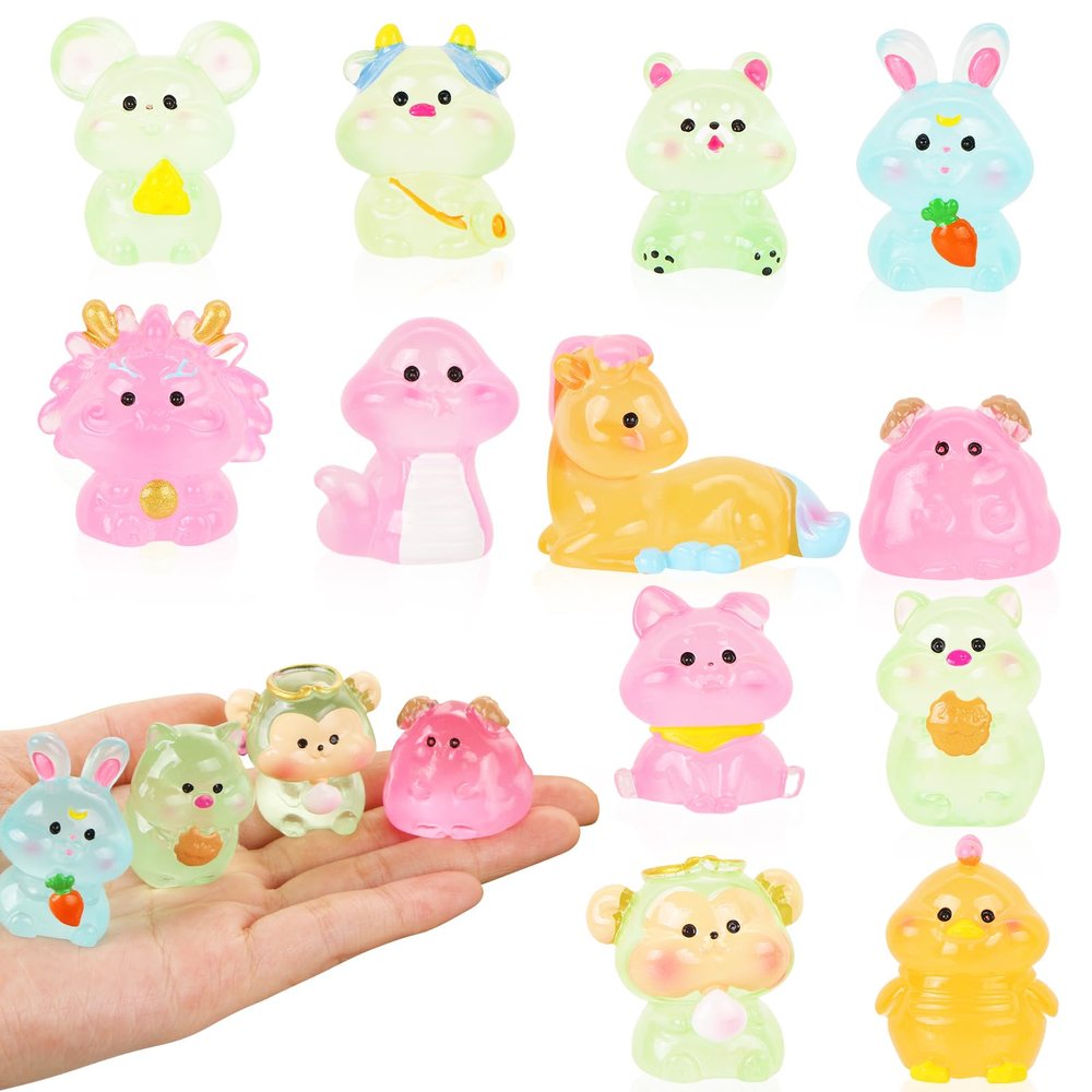 12 Pieces Luminous Mini Animals for Crafts Dollhouse Fairy Garden Decor Mini Resin Animals Tiny Animals for Car Micro Landscape Plant Pots
