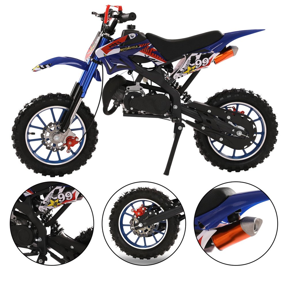 50cc 2-Stroke Kids Dirt Bike, Pocket Gas Motorbike, Off Road Gas Power Mini Pocket Motorcycle with Front Rear Disc Brakes, Mini Dirt Scooter Bike Pocket, Racing Max Speed 40km/H (Blue1)