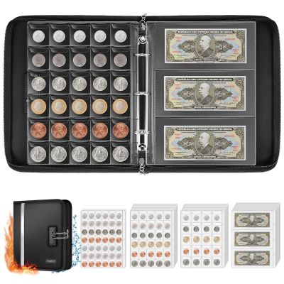 Coin Collection Book Holder for Collectors, 484 Pockets Fireproof Coin Collection Supplies and 36 Currency Album Storage Organizer, Lockable Coins Album for Coins Collector Gifts for Bill, Penny Black