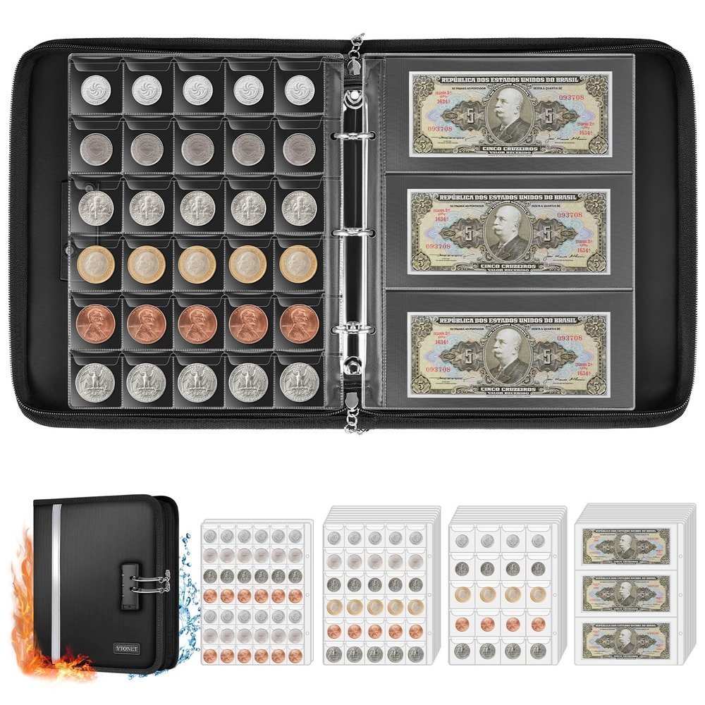 Coin Collection Book Holder for Collectors, 484 Pockets Fireproof Coin Collection Supplies and 36 Currency Album Storage Organizer, Lockable Coins Album for Coins Collector Gifts for Bill, Penny Black