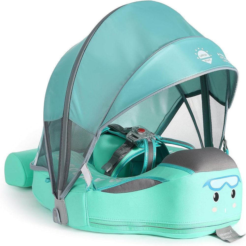 2026 Mambobaby Float, Baby Floats with Canopy for Infants 3-24 Months, Non-Inflatable Pool Floats with Adjustable Safety Strap & Upgrade Tail, Waist Swimming Ring for Toddler, Baby Green