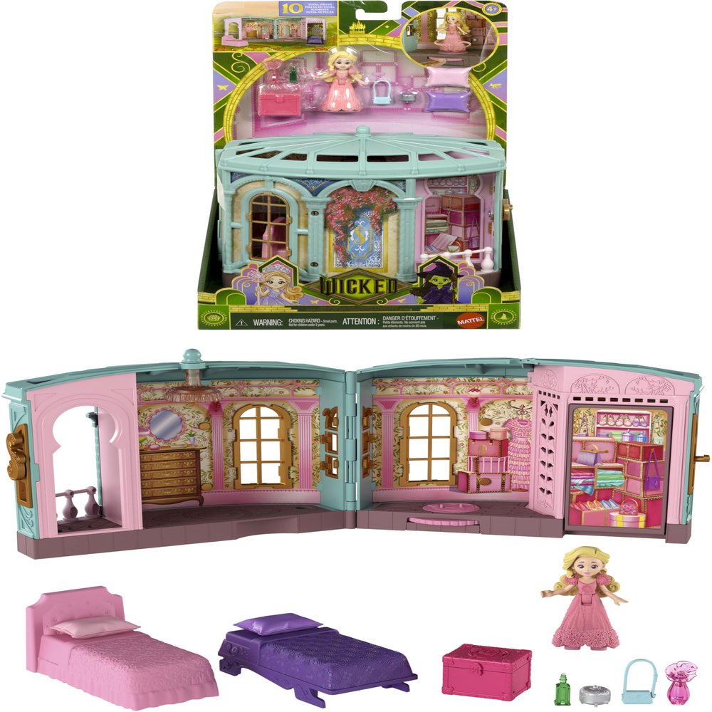 Mattel Universal Pictures Wicked So Popular Dorm Small Doll Playset with 3 Play Spaces & 9 Accessories, Inspired by the Movie