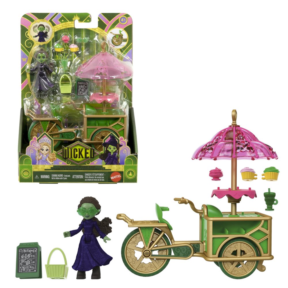 Mattel Universal Pictures Wicked Emerald City Dessert Cart Toy with Cart & Elphaba Small Doll & 7 Accessories, Inspired by The Movie