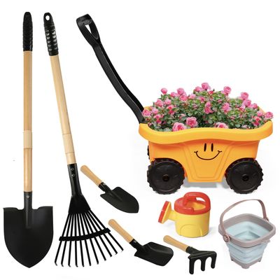 CHEERBANK Kids Gardening Tools Set, 8 Pieces, Wagon with Beach and Garden Tools, Shovel, Rake, Outdoor Toys for Kids 3-4 Years Old