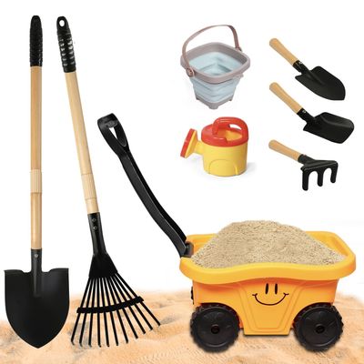 POMIKU Todders Gardening Set with Wagon, Kids Shovel for Digging, Rake, Wheelbarrow & Garden Tools, Outdoor Sandbox Toys for Ages 2-5