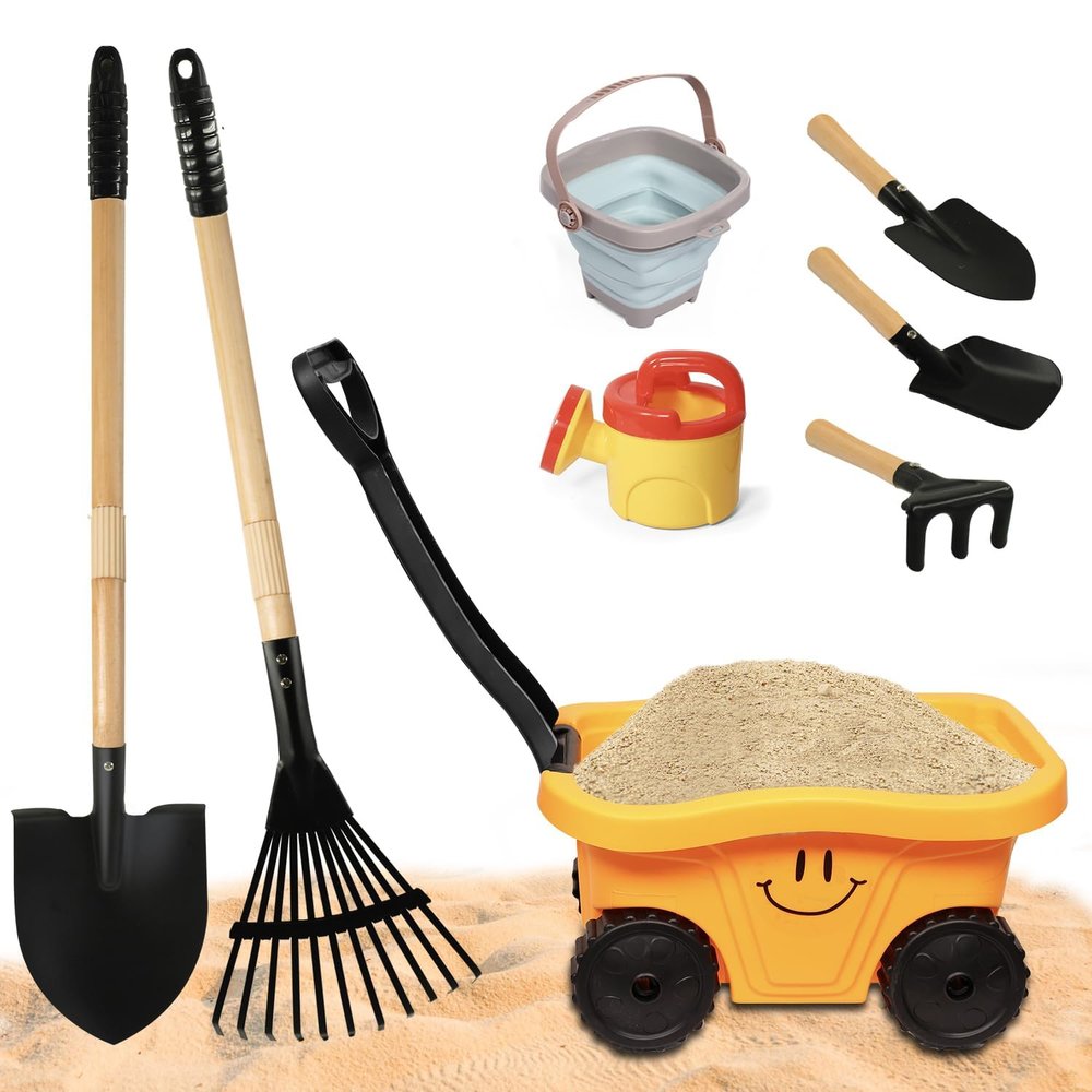 POMIKU Todders Gardening Set with Wagon, Kids Shovel for Digging, Rake, Wheelbarrow & Garden Tools, Outdoor Sandbox Toys for Ages 2-5