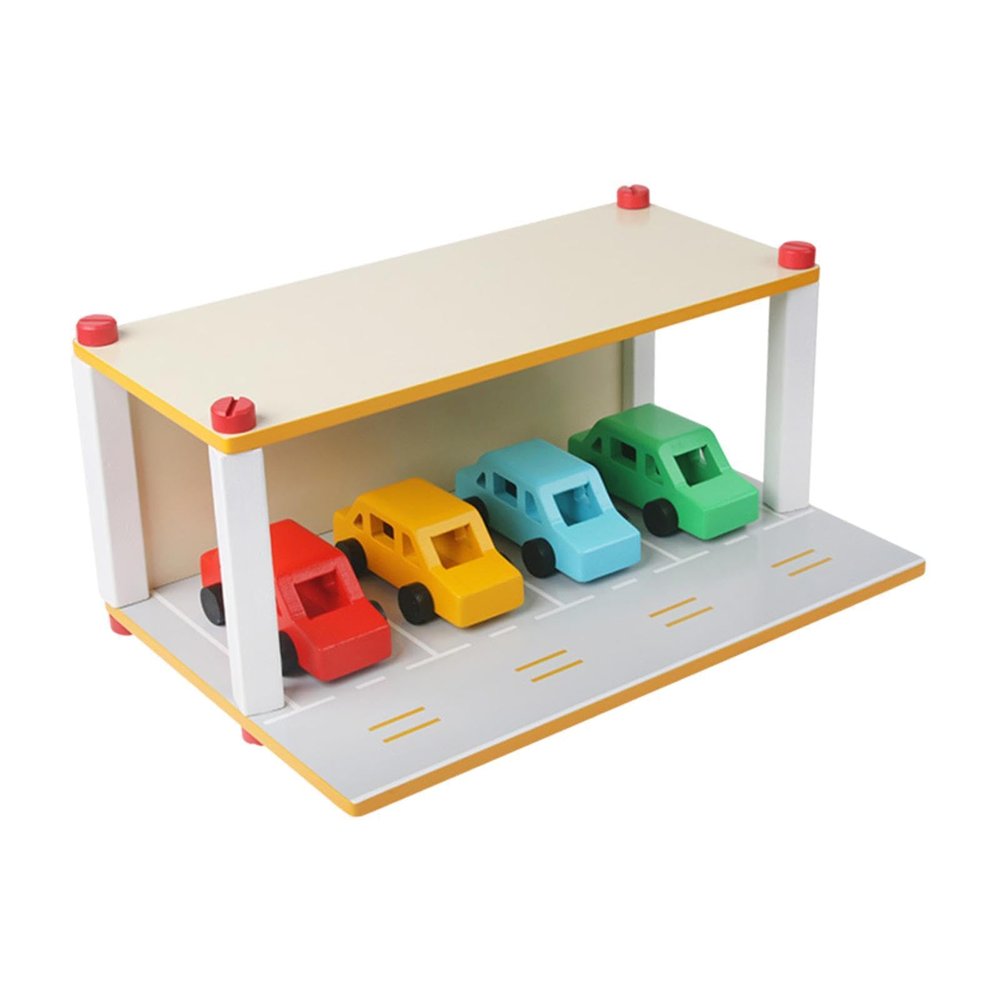 DYNWAVE Wooden Toy Parking Lot with Car, Pretend Play Educational Toys, Garage Toy Car Play Set for Kids