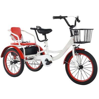 JIYIAN Red,16 inch, Dual Seat Tandem Tricycle,Pedal Tricycles 3 Wheeler Rickshaw Trikes with Sensitive Brake/Front Rear Basket and Passenger Seat,Toddler Cruiser Trike