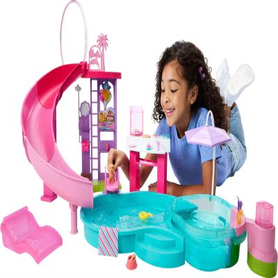 Barbie Dream Pool Playset with 6 Play Areas, Including Slide & Bubbling Hot Tub, Plus 20+ Accessories Like Pet, Floaties & More