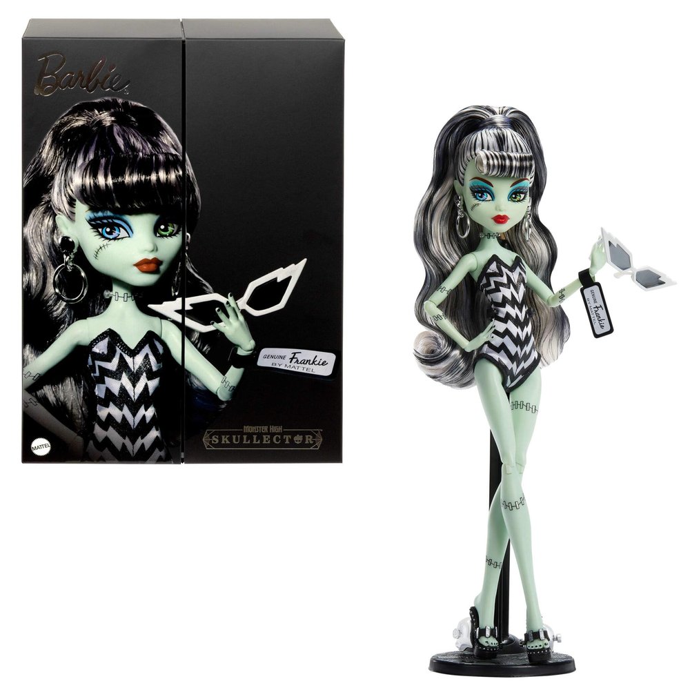 Monster High x Barbie Frankie Stein Doll with Original Barbie-Inspired Swimsuit and Solo in The Spotlight Black Evening Dress and Accessories