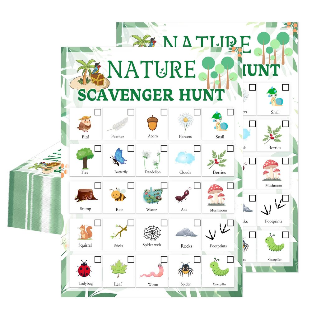 Nature Scavenger Hunt Card 5 x 7 inch Camping Scavenger Treasure Hunt Card Camping Road Trip Vehicle Birthday Outdoor Indoor Seek Activity for Adults
