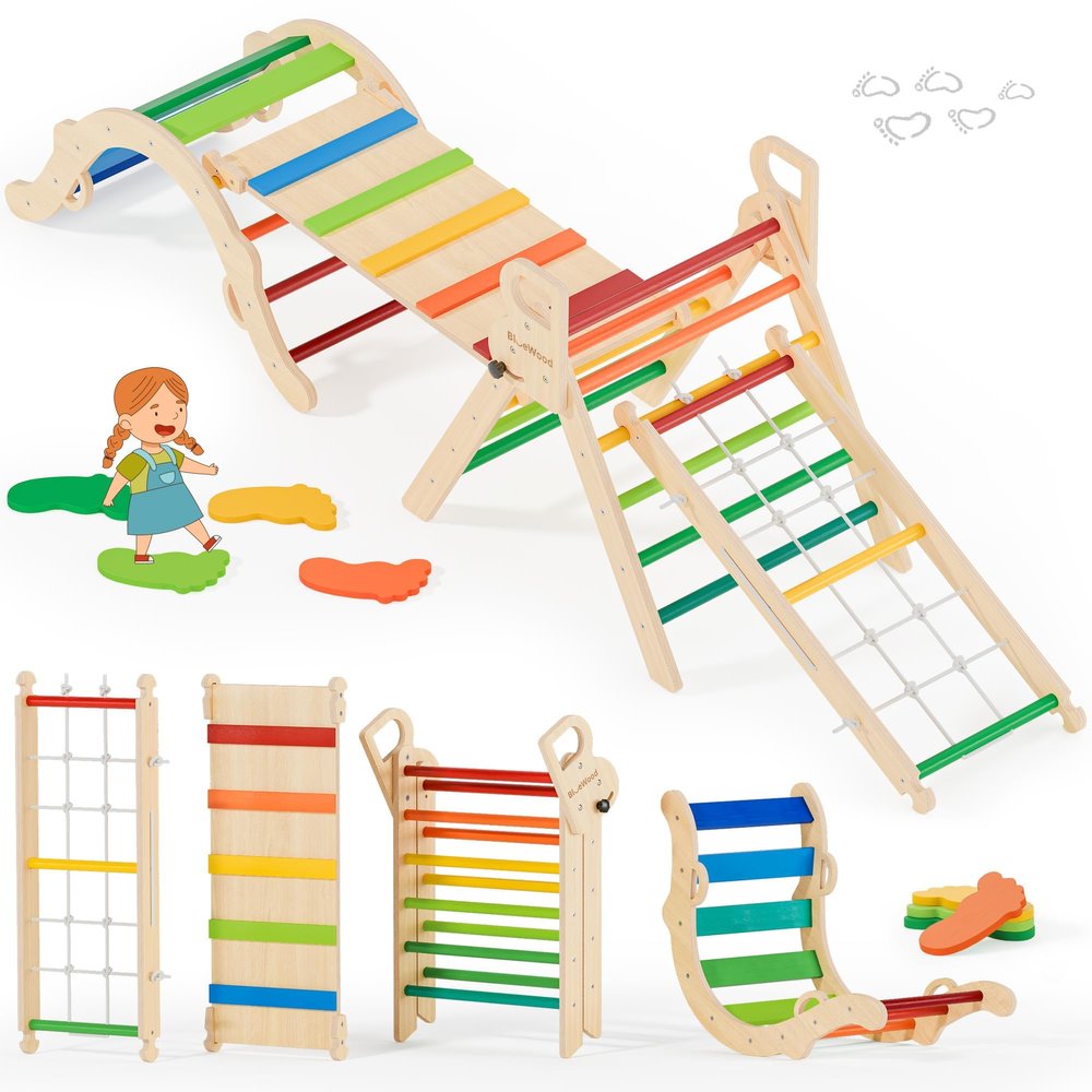 BlueWood 10-in-1 Pikler Triangle Set, Toddler Climbing Toys Indoor, Montessori Climber, Baby Jungle Gyms with Arch, Extra Rope Ladder & Footprint Balance Beam - Neon Aurora