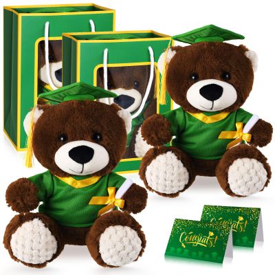 2 Sets Bear with Graduation Cap Toys Class of 2026 Graduation Plush Stuffed Teddy Bear Animal Dog Graduation Cap and Gown with Greeting Card and Bag for Graduation Day Gift(Green Graduation Bear)