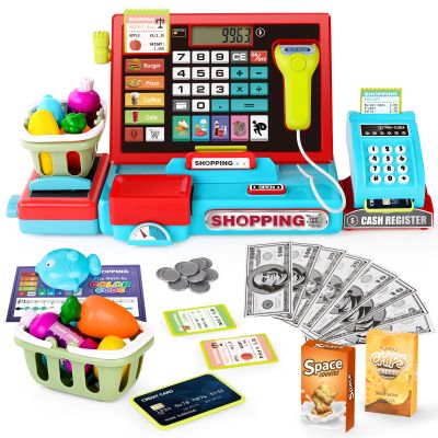 Kids Cash Register with Scanner and Sound, Microphone, Shopping Basket, 52 Shop Accessories, Role-Play Toys for Children, Play Money, Children's Cash Register (Blue)