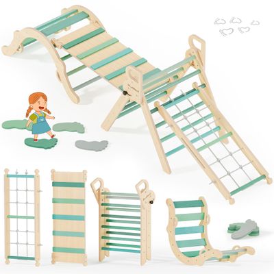 BlueWood 10-in-1 Pikler Triangle Set, Toddler Climbing Toys Indoor, Montessori Climber, Baby Jungle Gyms with Arch, Extra Rope Ladder & Footprint Balance Beam - Emerald Forest