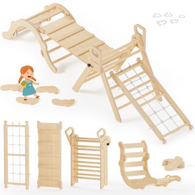 BlueWood 10-in-1 Pikler Triangle Set, Toddler Climbing Toys Indoor, Montessori Climber, Baby Jungle Gyms with Arch, Extra Rope Ladder & Footprint Balance Beam - Natural Rustic