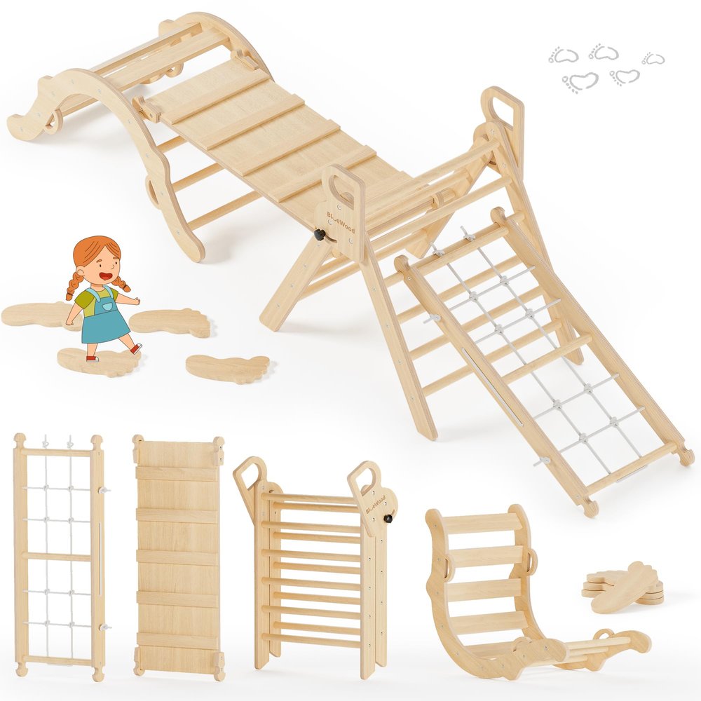 BlueWood 10-in-1 Pikler Triangle Set, Toddler Climbing Toys Indoor, Montessori Climber, Baby Jungle Gyms with Arch, Extra Rope Ladder & Footprint Balance Beam - Natural Rustic