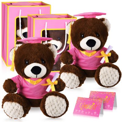2 Sets Bear with Graduation Cap Toys Class of 2026 Graduation Plush Stuffed Teddy Bear Animal Dog Graduation Cap and Gown with Greeting Card and Bag for Graduation Day Gift(Pink Graduation Bear)