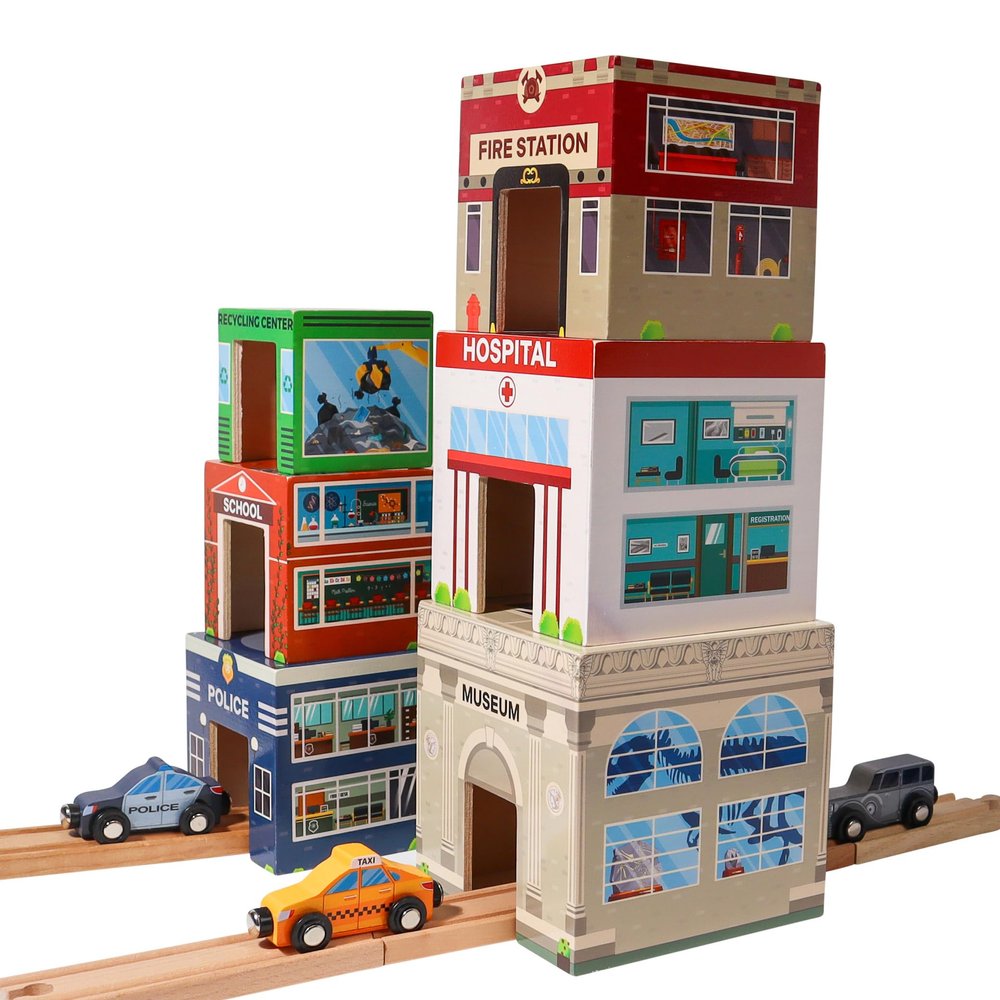 6 Wooden Stacking City Buildings - Nesting Community Helpers Building Boxes - Wood Sorting Cubes Town Play Set for Mats, Toy Cars and Trains - Educational Preschool Track Accessories Learning Toddler